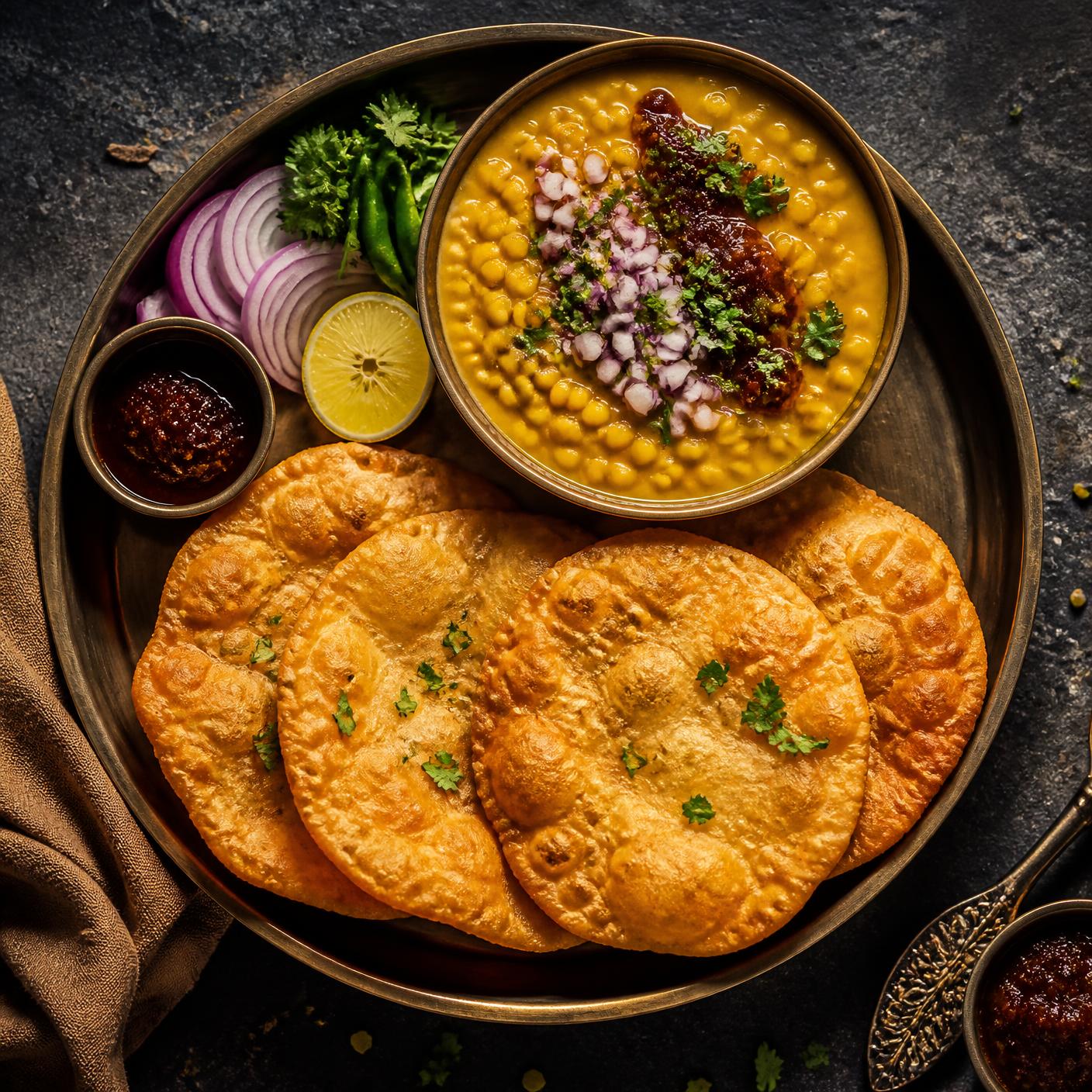 Thali of crispy dal pakwan with chana dal, onion and chutney
